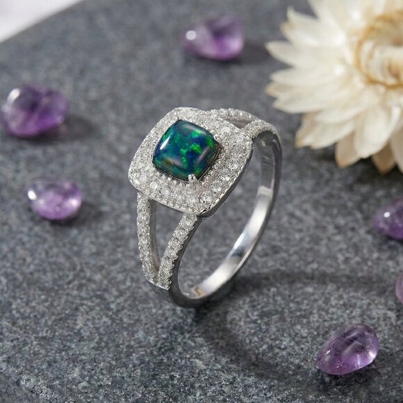 S925 Stamped Silver Opal Halo Ring Size 8 Green Fire CZ Split Shank Jewelry - Picture 8 of 12
